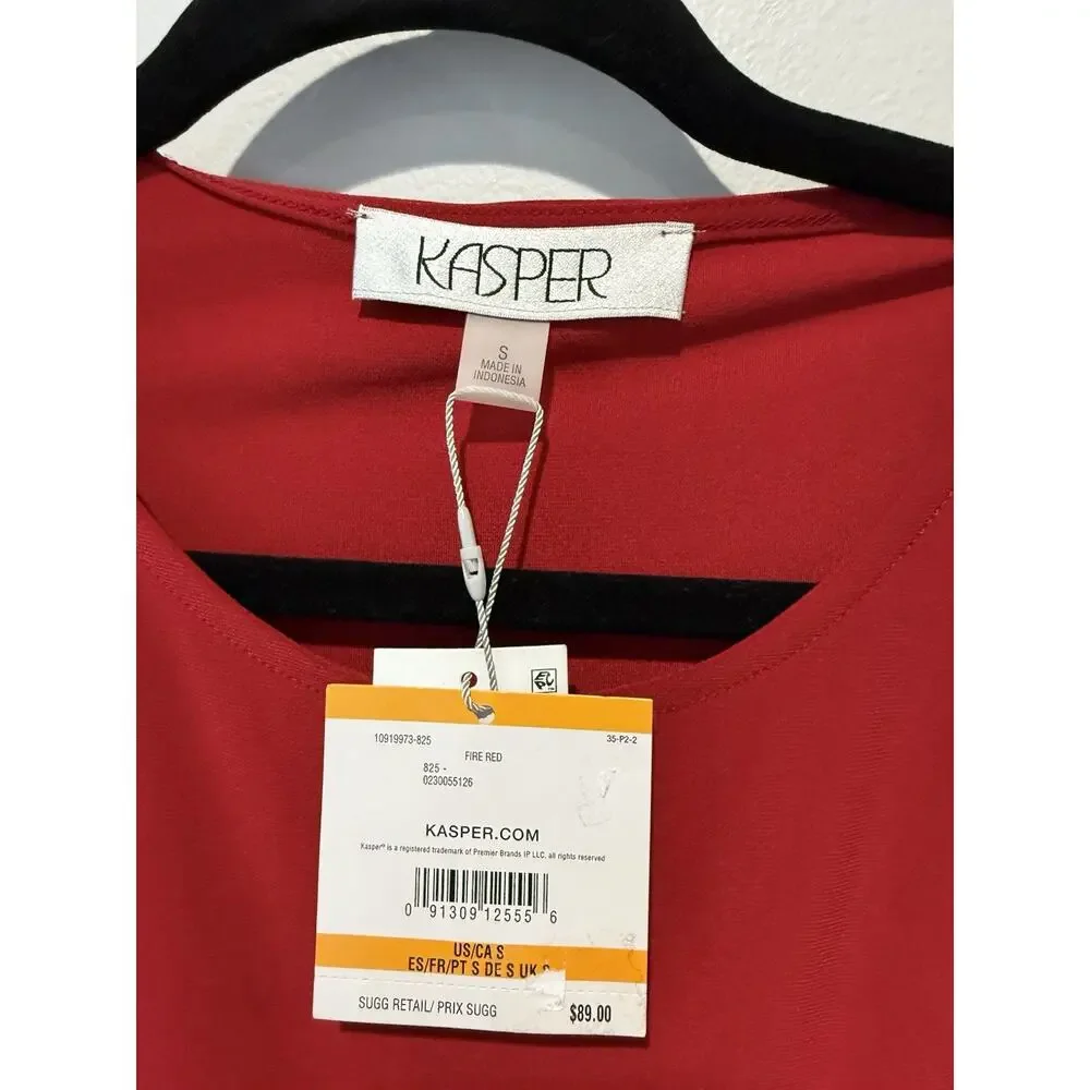 NWT Kasper Fire Red Midi Sheath Dress 3/4 Sleeve Side Tie Stretchy Romantic S